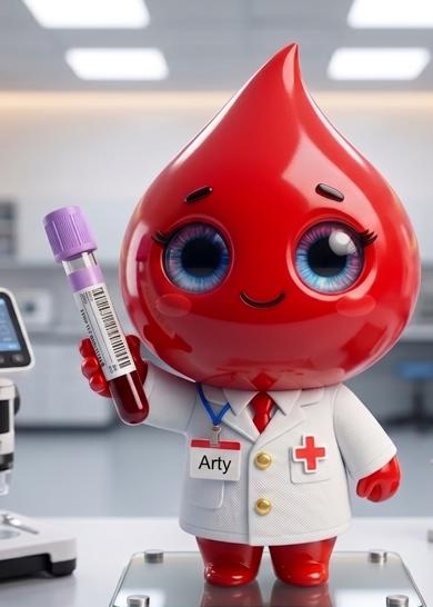 Arty, Doctor's Orders friendly mascot in a lab coat